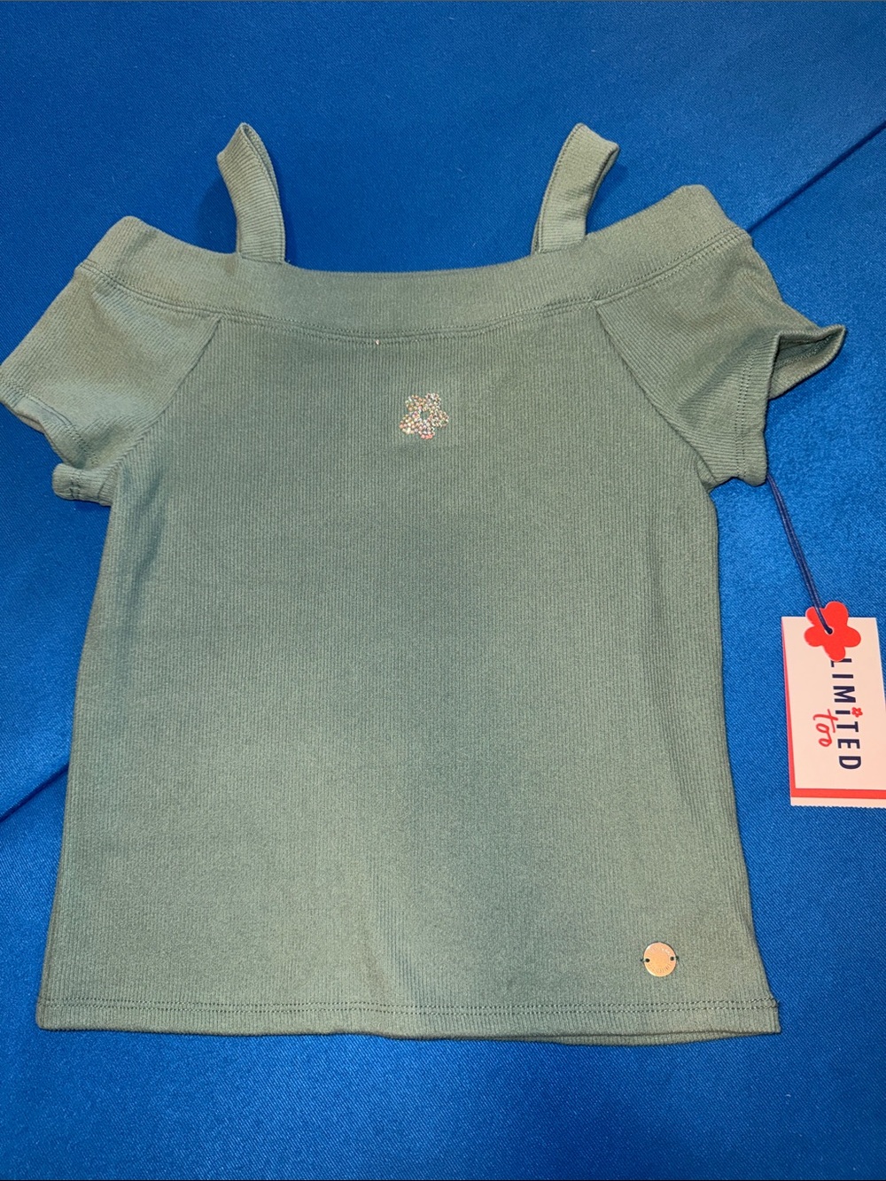 Limited Too Olive Green Cold-Shoulder Ribbed Top with Gem Flower